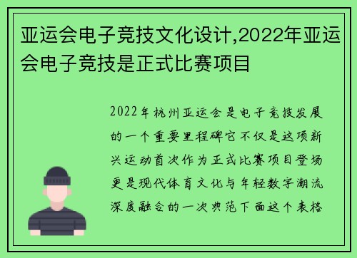 亚运会电子竞技文化设计,2022年亚运会电子竞技是正式比赛项目